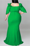Green Fashion Sexy Plus Size Solid Patchwork Slit Off the Shoulder Evening Dress