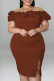 Dark Brown Sexy Solid Patchwork Slit Fold Off the Shoulder One Step Skirt Plus Size Dresses