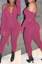 Rose Red Sexy Casual Solid Patchwork Backless Asymmetrical Halter Long Sleeve Two Pieces