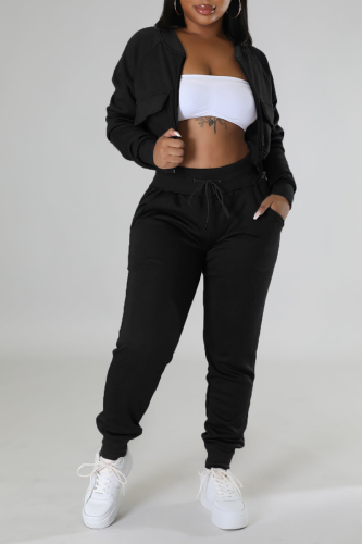 Black Street Solid Patchwork Zipper Collar Long Sleeve Two Pieces