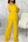 Yellow Casual Solid Patchwork One Shoulder Boot Cut Jumpsuits