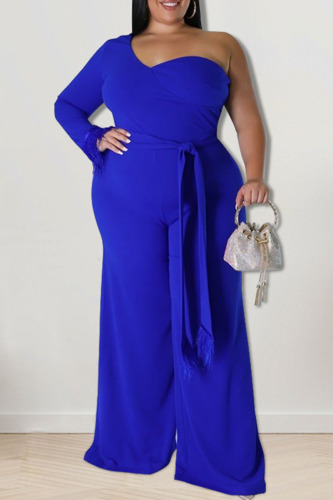 Blue Casual Solid Patchwork Oblique Collar Plus Size Jumpsuits