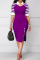 Purple Casual Print Patchwork Buttons Slit V Neck One Step Skirt Dresses