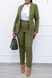 Army Green Casual Work Solid Patchwork Buttons Turn-back Collar Long Sleeve Two Pieces