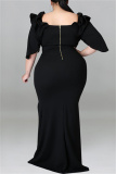 Black Fashion Sexy Plus Size Solid Patchwork Slit Off the Shoulder Evening Dress