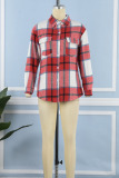 Red Casual Plaid Print Patchwork Buckle Turndown Collar Tops