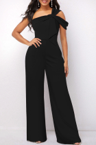 Black Casual Solid Patchwork One Shoulder Boot Cut Jumpsuits