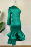 Green Elegant Solid Patchwork Flounce Asymmetrical Oblique Collar Dresses