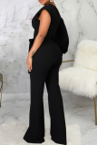 Black Casual Solid Patchwork One Shoulder Boot Cut Jumpsuits