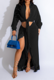 Blue Casual Solid Tassel Slit Turndown Collar Long Sleeve Two Pieces