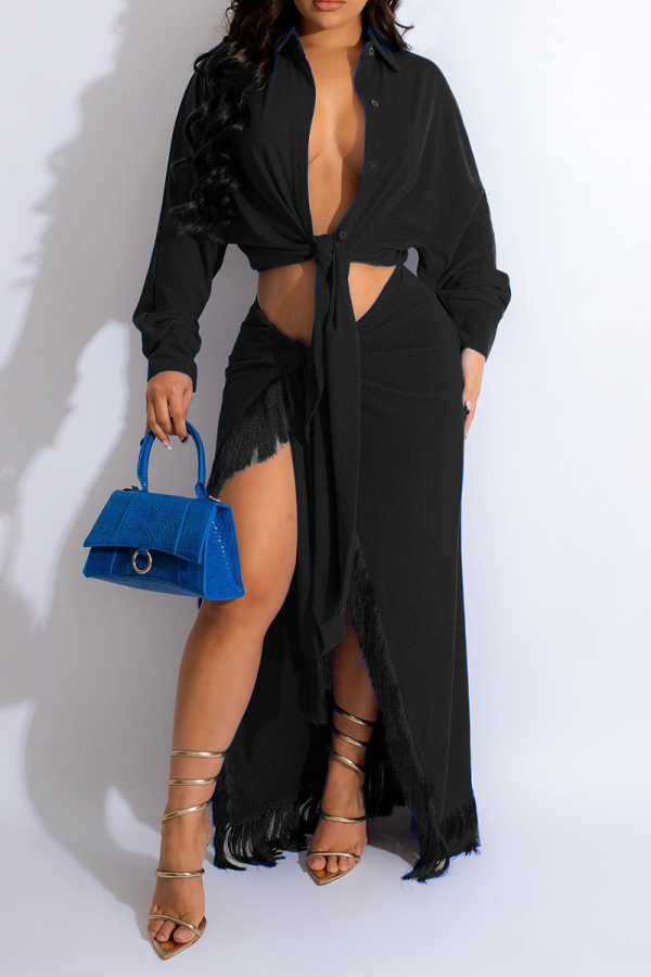 Black Casual Solid Tassel Slit Turndown Collar Long Sleeve Two Pieces