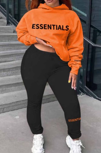 Orange Casual Print Letter Hooded Collar Long Sleeve Two Pieces