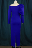 Blue Elegant Solid Patchwork V Neck One Step Skirt Dresses