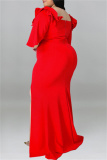 Red Fashion Sexy Plus Size Solid Patchwork Slit Off the Shoulder Evening Dress