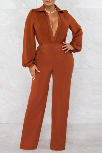 Earth Yellow Sexy Solid Patchwork V Neck Straight Jumpsuits