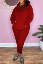 Burgundy Casual Solid Hooded Collar Long Sleeve Two Pieces
