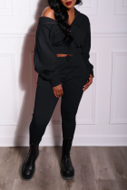 Black Street Solid Patchwork Turndown Collar Long Sleeve Two Pieces
