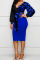 Deep Blue Casual Print Patchwork With Bow V Neck One Step Skirt Dresses