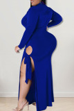 Blue Sexy Solid Patchwork Slit O Neck Straight Plus Size Dresses