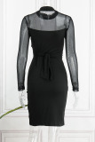 Black Sexy Solid Patchwork With Bow Half A Turtleneck Pencil Skirt Dresses