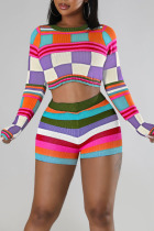Tangerine Red Sexy Plaid Print Patchwork O Neck Long Sleeve Two Pieces