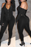 Black Sexy Casual Solid Patchwork Backless Asymmetrical Halter Long Sleeve Two Pieces
