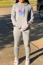 Grey Sportswear Print Letter Hooded Collar Long Sleeve Two Pieces