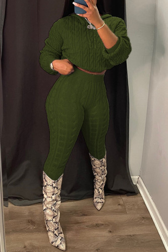 Army Green Casual Solid Patchwork Hooded Collar Long Sleeve Two Pieces