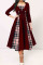 Deep Red Casual Plaid Print Patchwork Square Collar A Line Dresses
