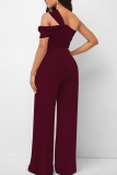Burgundy Casual Solid Patchwork One Shoulder Boot Cut Jumpsuits