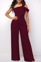 Burgundy Casual Solid Patchwork One Shoulder Boot Cut Jumpsuits