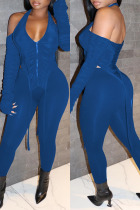 Blue Sexy Casual Solid Patchwork Backless Asymmetrical Halter Long Sleeve Two Pieces