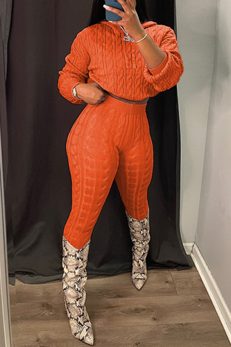 Orange Casual Solid Patchwork Hooded Collar Long Sleeve Two Pieces