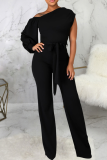 Black Casual Solid Patchwork One Shoulder Boot Cut Jumpsuits