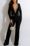 Red Sexy Solid Patchwork Feathers Hot Drill V Neck Straight Jumpsuits
