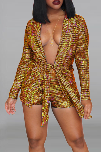 Gold Sexy Bronzing Bandage Turndown Collar Long Sleeve Two Pieces