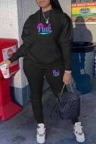 Black Sportswear Print Letter Hooded Collar Long Sleeve Two Pieces