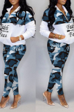 Blue Street Camouflage Print Patchwork Turndown Collar Long Sleeve Two Pieces