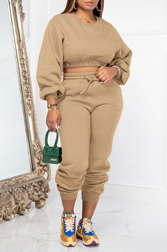 Khaki Casual Sportswear Solid Patchwork O Neck Long Sleeve Two Pieces