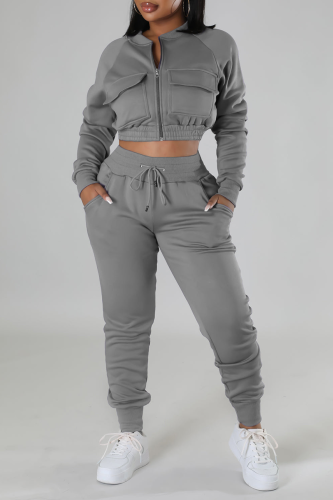 Grey Street Solid Patchwork Zipper Collar Long Sleeve Two Pieces