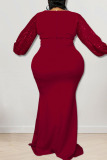 Deep Red Sexy Solid Sequins Patchwork O Neck Long Dress Plus Size Dresses