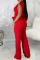 Red Casual Solid Patchwork One Shoulder Boot Cut Jumpsuits