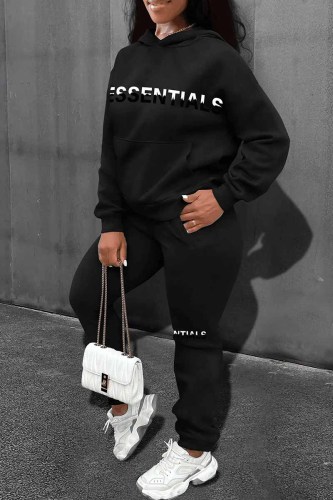 Black Casual Print Letter Hooded Collar Long Sleeve Two Pieces