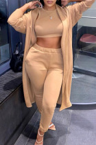 Apricot Fashion Casual Solid Cardigan Vests Pants O Neck Long Sleeve Three-piece Set