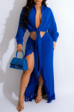 Blue Casual Solid Tassel Slit Turndown Collar Long Sleeve Two Pieces