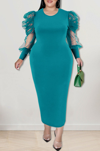 Light Blue Casual Solid Patchwork O Neck Straight Plus Size Dresses