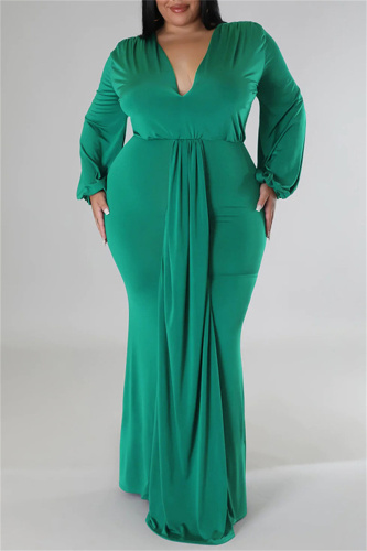 Light Green Casual Solid Patchwork V Neck Long Sleeve Plus Size Dresses