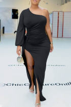 Black Sexy Solid Patchwork Slit Oblique Collar Straight Dresses