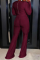 Burgundy Street Solid Fold U Neck Long Sleeve Two Pieces