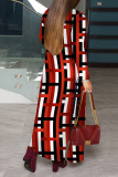 Red Casual Geometric Print Patchwork Plus Size Overcoat